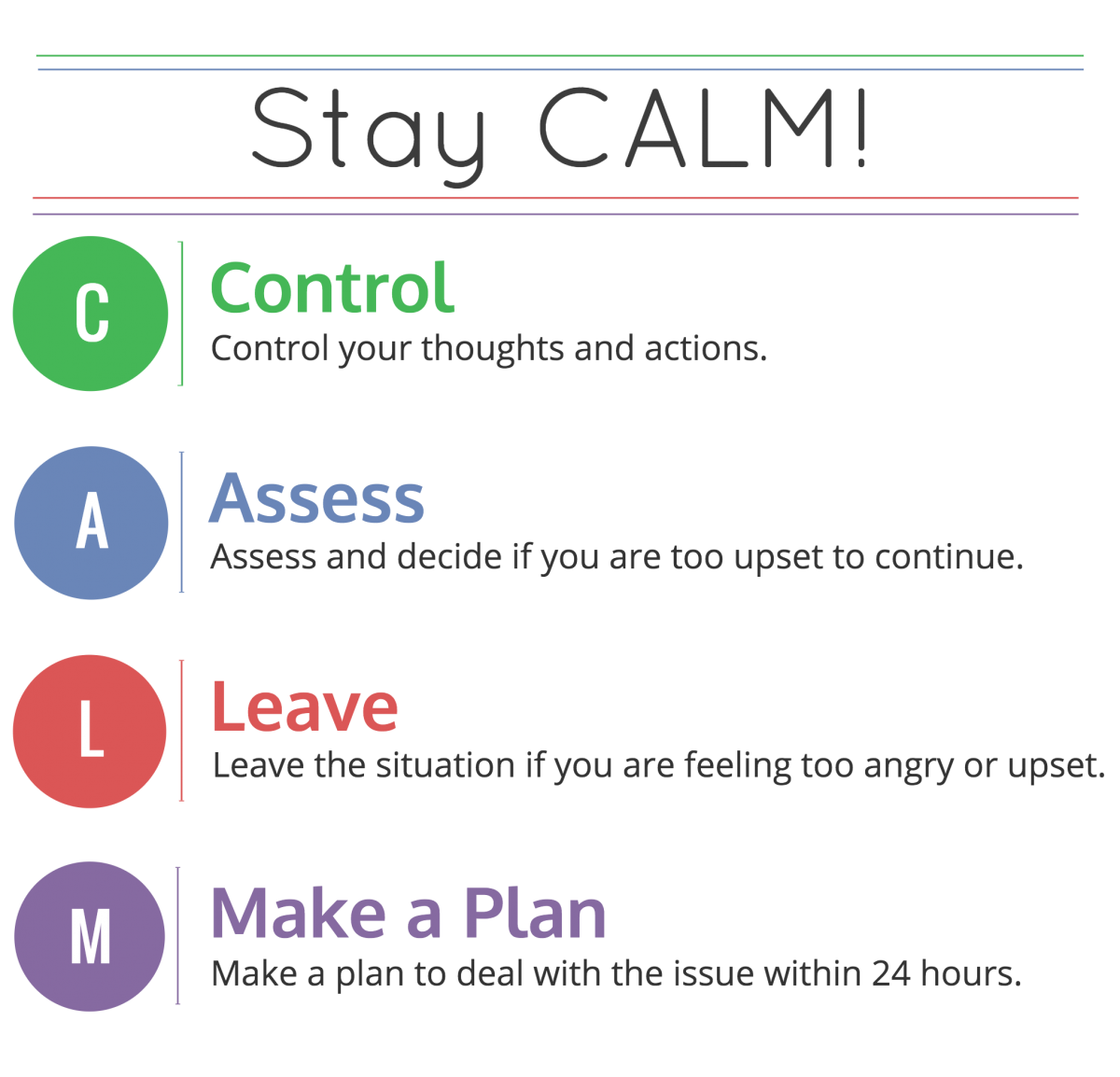 Stay Calm To Aid Communication: Control your thoughts and actions. Assess and decide if you are too upset to continue. Leave the situation if you are feeling too angry or upset. Make a plan to deal with the situation within 24 hours.