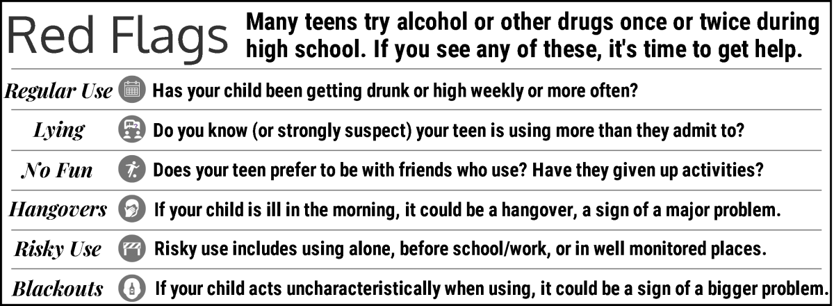 Red Flags include regular use, lying about use, stopping previously enjoyable activities, experiencing hangovers, using in riskier, more public ways, and experiencing blackouts, which are different than passing out.